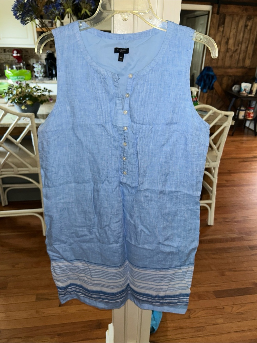 Talbots Light Blue Sleeveless Midi Dress with Striped Hem